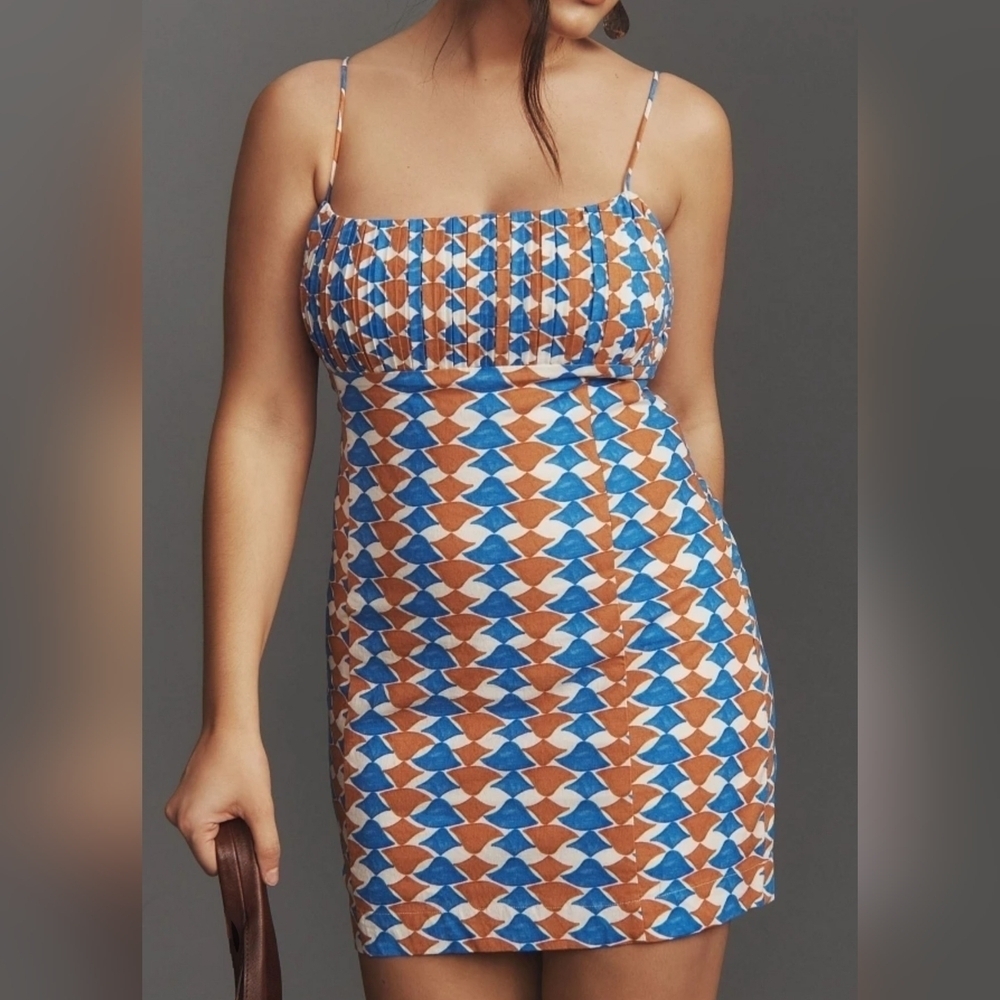 The Ophelia Sleeveless Linen Slim Mini Dress by Maeve in Blue Orange Motif, 14